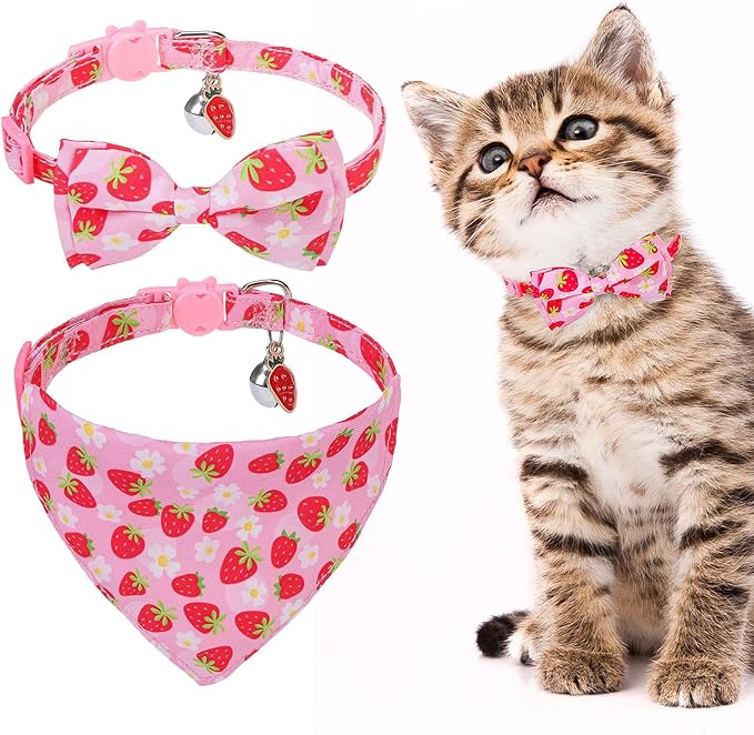 EXPAWLORER Cute Cat Collar Breakaway with Bells - 2 Pack Fruit Adjustable Pet Collar with Removable Bow Tie and Bandana, Safety Buckle for Girl Boy Cats Kitten, Strawberry