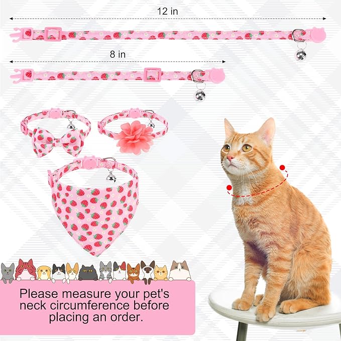 Breakaway Cat Collars with Bell & Cute Pendants - 3 Pack Adjustable Safety Kitten Collars - Decoration for Girl Boy Cats Puppy and Small Pets (Style C - Strawberry)