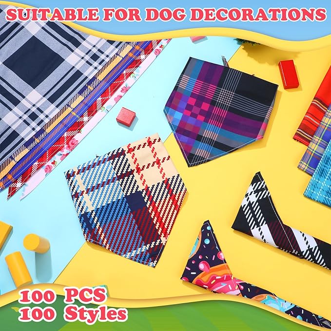 100 Pcs Plaid Dog Bandanas Bulk Pet Bibs Colorful Triangle Scarf Plaid Pet Bandanas for Medium Large Dogs Spring Summer Birthday Costume Decoration
