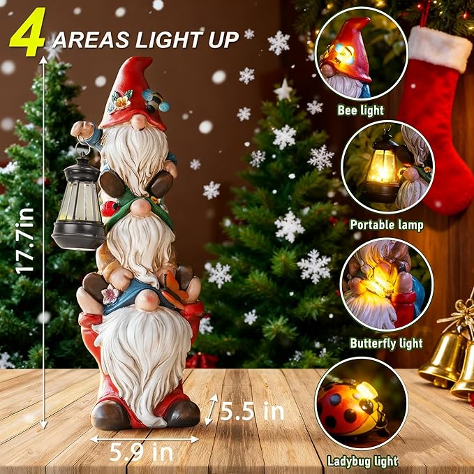 17 in Large Garden Gnome Statue with Solar Lights Sculptures Funny Triple Big Gnome Outdoor Patio Lawn Yard Balcony Garden Home Decor Gifts for Women Mom