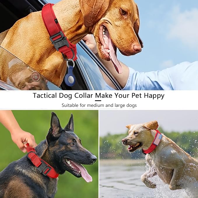 DAGANXI Tactical Dog Collar, Adjustable Military Training Nylon Dog Collar with Control Handle and Heavy Metal Buckle for Medium and Large Dogs, with Patches and Airtags Case (Red, M)