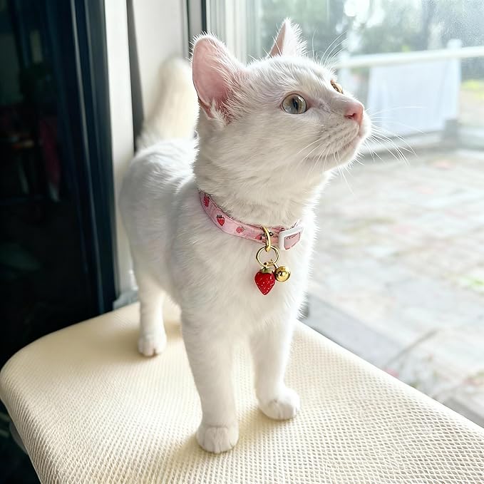 2-Pack Cotton Breakaway Cat Collar with Bell - Pink Strawberries & White Heart Pendant, Adjustable Soft Kitten Collar for Safety and Comfort