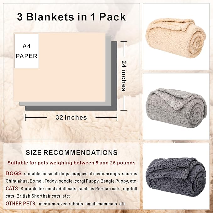 3 Blankets, Dog Cat Pet Blanket, Soft Warm Fleece, for Puppy, Small Dogs or Kitten, Cats, Plush Fuzzy Blanket for Bed, Sofa, Travel (32" x 24", 3/Pack, Beige+Light Gray+Dark Gray)