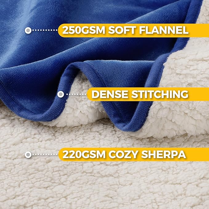 Sunheir Waterproof Blanket for King Size Bed - 108"x86" Soft Reversible Sherpa Fleece Flannel Dog Blankets for Large Dogs, Pet Blanket for Bed, Couch, Soft Plush Furniture Protector, Blue