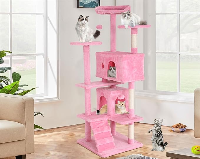 Heavy Duty Cat Tree Tower, 70" Tall Cat Tower for Indoor Cats with Cat Scratching Post with Bed, Cat Condo, Hanging Ball, Multi-Level Cat Climbing Tower Cat Trees Furniture Activity Center, Pink