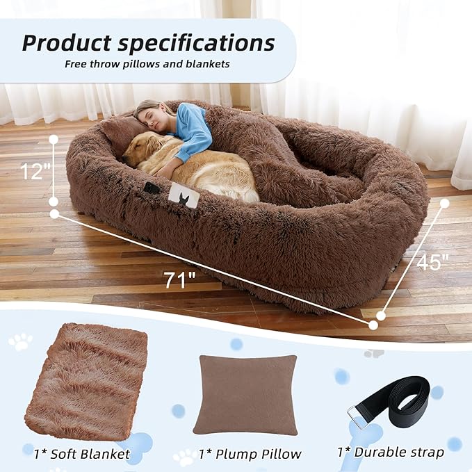 Human Dog Bed, 71''x45''x12'' Size Fits You and Pets, Washable Faux Fur Pet Bed for People Doze Off, Napping Orthopedic Dog Bed, Present Plump Pillow, Blanket, Strap - Coffee
