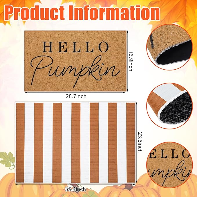 Tinideya 2 Pcs Fall Door Mat Thanksgiving Hello Pumpkin Welcome Non Slip Coir Mats White Orange Buffalo Plaid Floor Layering Doormats Seasonal for Front Porch Entryway Decor(Orange White)