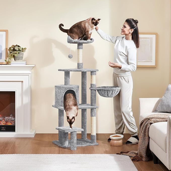 Yaheetech 57in Multi-Level Cat Tree Tower with Extended Platform, Padded Perch, Scratching Posts, and Ball — Indoor Activity Center for Large Cats