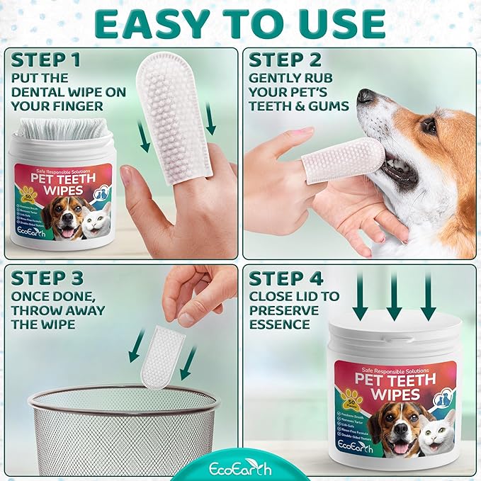 Premium Teeth Cleaning Wipes for Dogs & Cats - 100 Pcs - Pet Dental Care Finger Pads for Fresh Breath & Oral Hygiene - Embossed Pattern & Nano Plastic-Dotting to Remove Plaque & Tartar