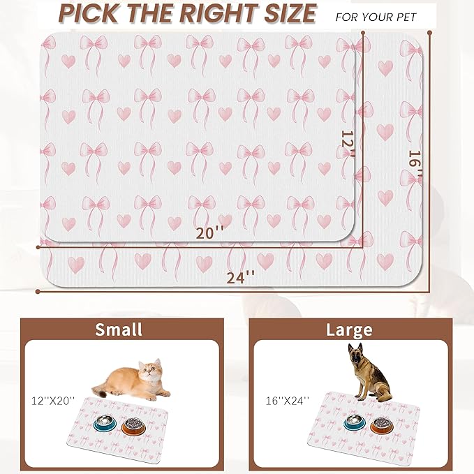 Cute Pink Bow Dog Food Mat for Floors,Heart Absorbent Pet Food and Water Bowl Mats,Non-Slip Pet Feeding Mat,Pet Supplies 12" x 20"