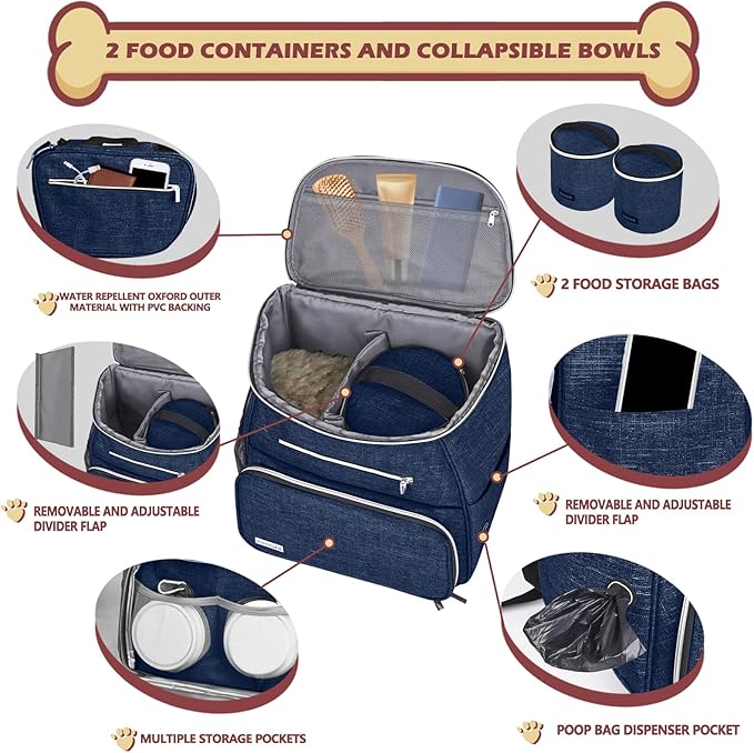 BAGLHER丨Dog Travel Bag Backpack, Airline Approved Pet Supplies Backpack, Dog Travel Bag with 2 Silicone Collapsible Bowls and 2 Food Baskets Dark Blue