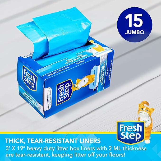 Fresh Step Jumbo Drawstring Cat Litter Box Liners, Scented Heavy Duty Kitty Litter Bags for X-Large Oval or Rectangle Pans, Helps Contain Mess for Easy Lift Out Cleanup, 36 x 19 in, 15 Count