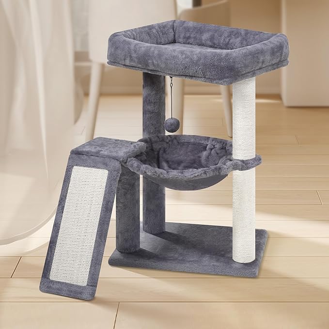 YOUPET Cat Tree with Cat Scratching Post for Indoor Cats, Cat Tower with Scratching Board and Playful Toy Balls, Cat Tree Tower with Cozy Hammock,Grey
