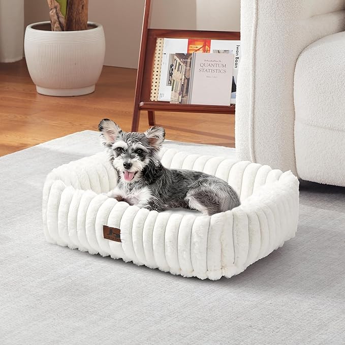 Washable Dog Bed for Small Medium Dogs - Rectangle Orthopedic Corduroy Fleece Pet Bed with Removable Cover and Nonskid Bottom, Calming Puppy Bed Soft Pet Sofa, Cream(20x19x6inchs)