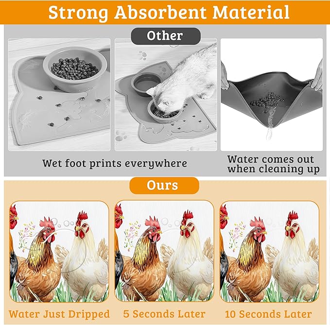 Chicken Rooster Dog Cat Food Mat,Green Grass Absorbent Waterproof Placemat for Food and Water Non Slip Rubber Backing Durable Feeding Pad for Clean Floors 12" x 20"