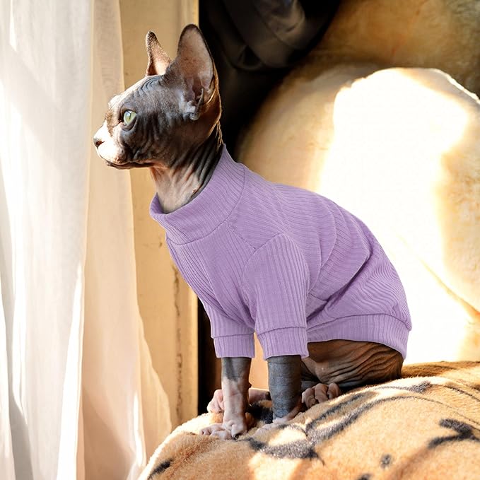 PUMYPOREITY Stretchy Cat Shirt, Sweater With Sleeves, Soft Clothes for Sphynx Hairless Cats, Devon Rex - Purple, S