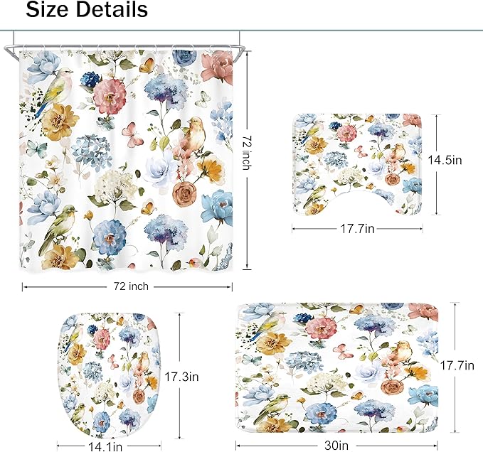 4 PCS Blue Floral Birds Bathroom Set with Shower Curtain and Rugs 72Wx72H Inch Classical Watercolor Non-Slip Bath Rug Toilet Lid Cover and U Shape Mat Accessories 12 Hooks Bathoom Decor