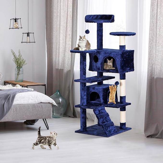 Multi-Level Cat Tree Tower with Condos, 54" Tall Cat Activity Center with Plush Perches and Toys, Space Saving Pet Playhouse for Kittens and Cats (Blue)