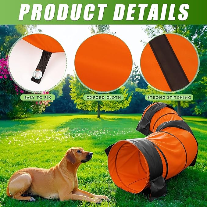 28 in 10 Foot Orange Extra Large Dog Agility Tunnel with Sandbags Dogs Agility Training Equipment Tunnel with 3 Pack Sandbags Carry Bag and 4 Ground Spikes for All Medium and Large Dogs