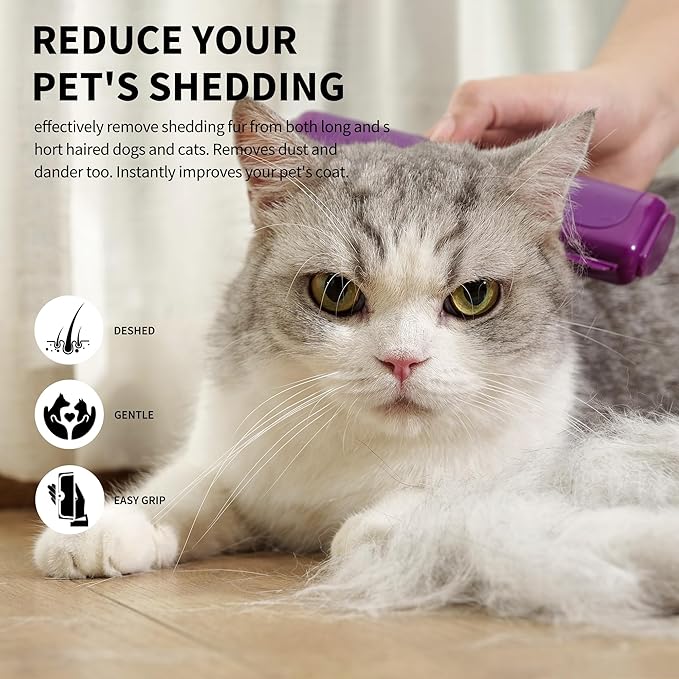 Multi-Pet Deshedding Brush & Shedding Blade for Dogs & Cats, Undercoat Grooming Tool for Short & Medium Fur and Double Coats, Replaceable Metal Blade, Ergonomic Handle, Purple