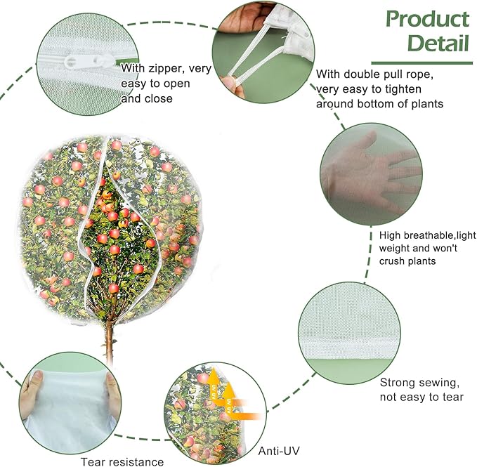 8 x 8ft Large Fruits Tree Netting, Garden Mesh Insect Tree Cover with Zipper Drawstring Bird Barrier Net Plant Bags Blueberry Bushes Protection Plant Cover for Prevent Animals Deer Squirrel Bug