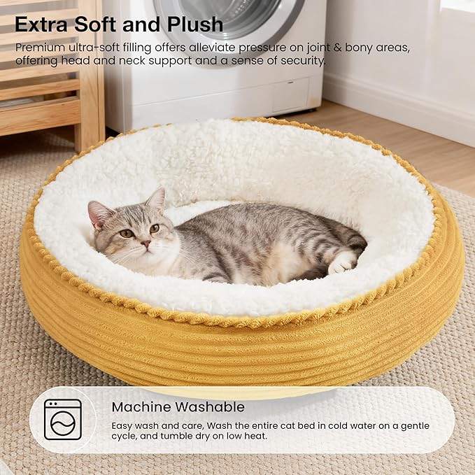 Love's cabin Round Donut Cat and Dog Cushion Bed, 20in Pet Bed for Cats or Small Dogs, Anti-Slip & Water-Resistant Bottom, Super Soft Durable Fabric Pet beds, Washable Luxury Bed Yellow Stripe