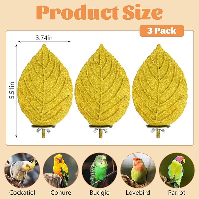 3 Pcs Bird Perch Resin Bird Beak Grinding Stone Leaf Shape Perch Stand Foot Clawing Trimmer Platform Cage Accessories for Cockatiels Conures Budgies Lovebirds (Yellow)
