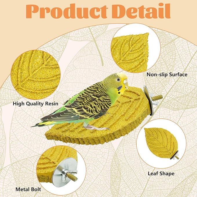 3 Pcs Bird Perch Resin Bird Beak Grinding Stone Leaf Shape Perch Stand Foot Clawing Trimmer Platform Cage Accessories for Cockatiels Conures Budgies Lovebirds (Yellow)
