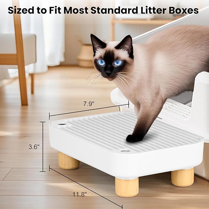 Litter Box Step, Litter Box Ramp/Catcher with Wooden Base, Anti-Tracking & Easy to Clean, Ideal for Small & Elderly Cats (White)