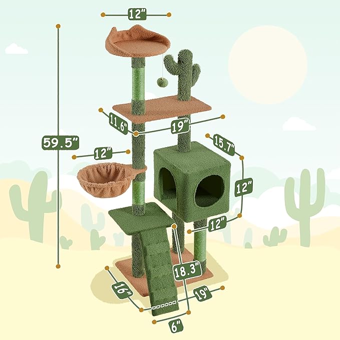 Yaheetech | Cactus Cat Tree | 59.5in Cat Tower w/Cute Perch, Cozy Condo, Convenient Climbing Ladder | Moppy Fabric-Covered Cat House for Indoor Cats | Green/Brown