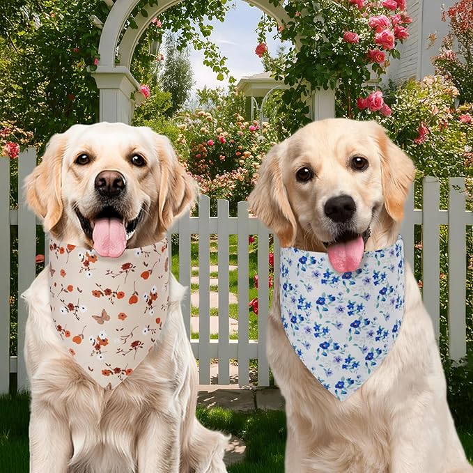 Spring Dog Bandanas Large 2PCS, 4 Pattern Summer Floral Scarf for Boy and Girl, Triangle Reversible Bibs Breed for Puppy Pets