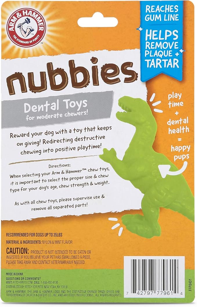 Arm & Hammer for Pets Nubbies Dental Toys T-Rex Dental Chew Toy for Dogs Best Dog Chew Toy for Moderate Chewers Reduces Plaque & Tartar Buildup Without Brushing, Mint Flavor (Pack of 1)