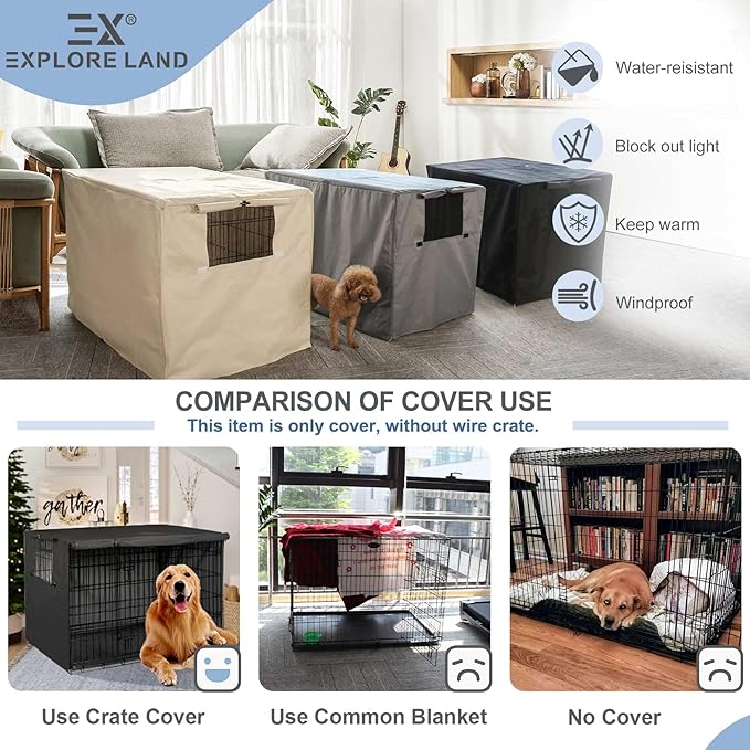 Explore Land Dog Crate Cover Heavy Duty Polyester Pet Kennel Sunshade Universal Fit for 30 inches Wire Cage (Black)