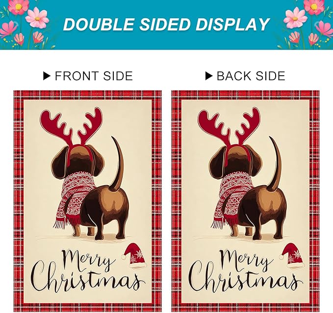 Merry Christmas Garden Flag Back View Dog Reindeer Antlers 28 x 40 Inch Double Sided Welcome Large Yard Banners for Dog Lovers Porch Home Simple Outdoor Winter Holiday Pet Decor