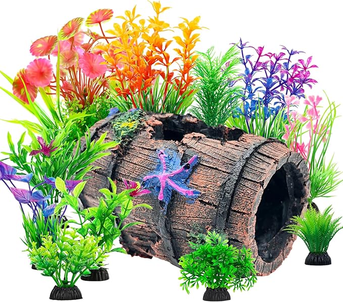 CousDUoBe Fish Broken Barrel Decor Fish Tank Decorations Betta Fish Tank Accessories,Starfish Barrel x 1pc, Aquarium Plants x 11pcs