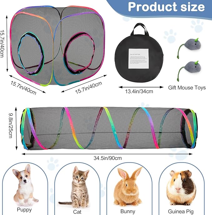 Outdoor Cat Enclosures Portable Cats Tunnel with Carry Bag Breathable Kitty Tent Outdoor with 2 Mouse Toys Outside Cat Enclosure for Indoor Cats (2 Cubes + Run Tunnel)
