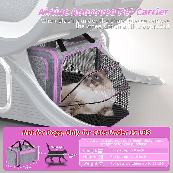 Rolling Pet Carrier with Detachable Wheels - 18x11x11 TSA Airline Approved for Southwest Delta United American, Soft Sided Expandable Travel Bag for Small Dogs & Cats up to 15Lbs, Fits Under Seat