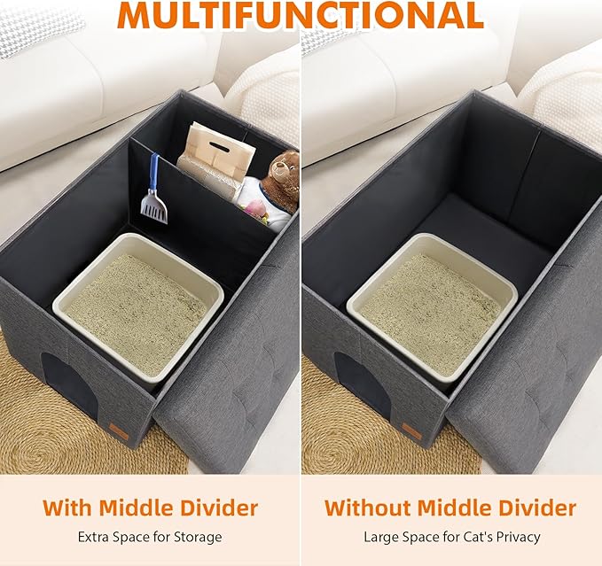 Cat Litter Box Enclosure Furniture for Odor Control, Hidden Cabinet Cats Litter Ottoman with Flip-Up Lid,Cat Litter Box Bench with Storage Space, Dog Proof(Grey, Large)