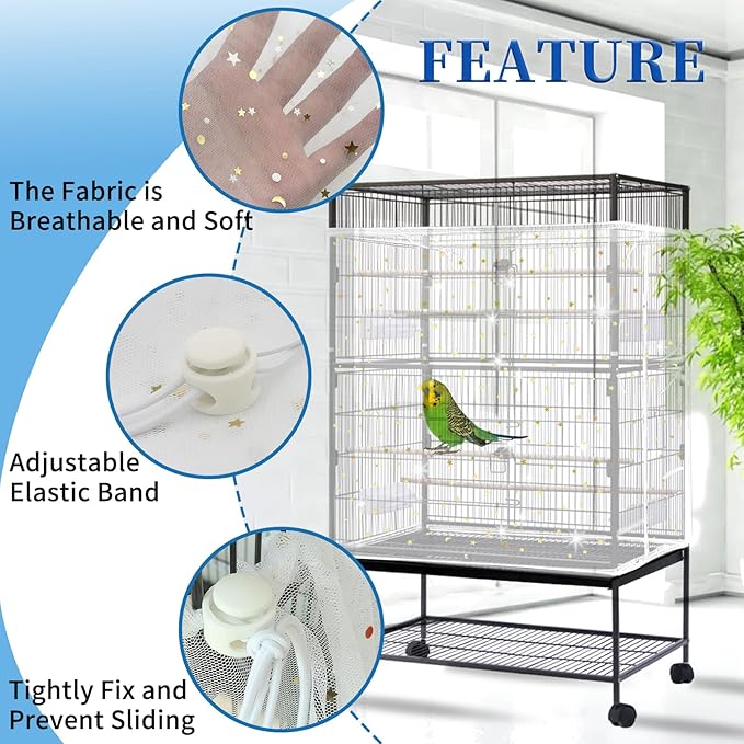 Daoeny Bird Cage Seed Catcher, Large Bird Cage Cover, Adjustable Soft Airy Nylon Mesh Net, Birdcage Cover Skirt Seed Guard for Parrot Parakeet Macaw African Round Square Cages (White, Sequins Star)