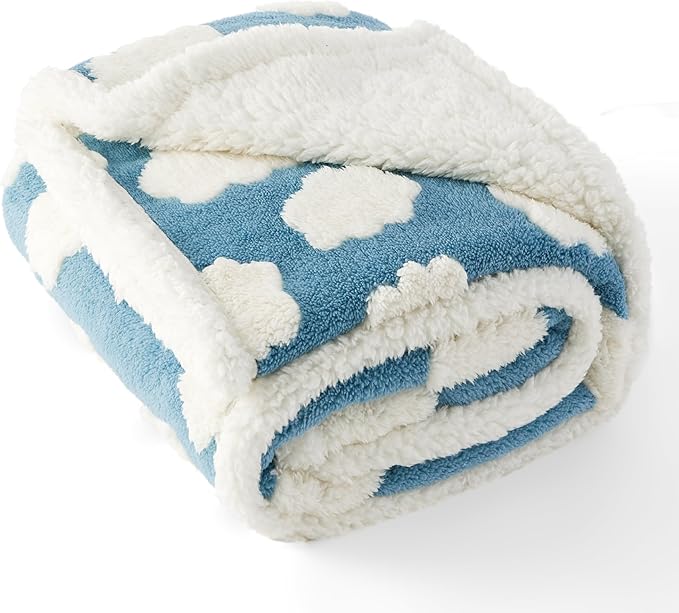 LE SURE Waterproof Dog Blanket for Large Dogs - Washable Double Sided Dog Blankets with Warm Jacquard Shag and Soft Sherpa Fleece, Pet Cat Blanket for Bed Couch Protection, 3D Textured Cloud, Blue