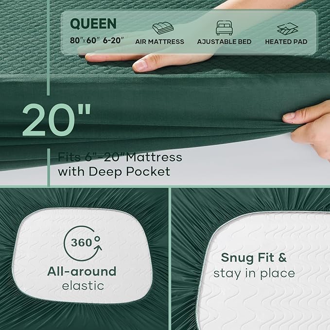 OhGeni 100% Waterproof Mattress Protector,Queen Size Mattress Soft Pad,Pet Hair & Bedwetting Resistant,Cooling Breathable Fitted Sheets,Washable Bed Cover,Non-Slip Deep Pocket,Noiseless,Green