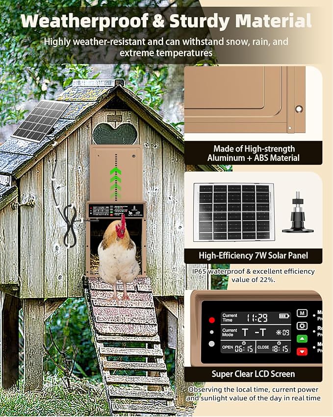 2025 Upgrade 7W Solar Power Chicken Door, Pet Deluxe Automatic Chicken Coop Door with 10PCS Wire Clip, Timer, Light Sensor, LCD Display & Anti-Pinch Durable Aluminum Auto Coop Door with 4 Modes-Brown