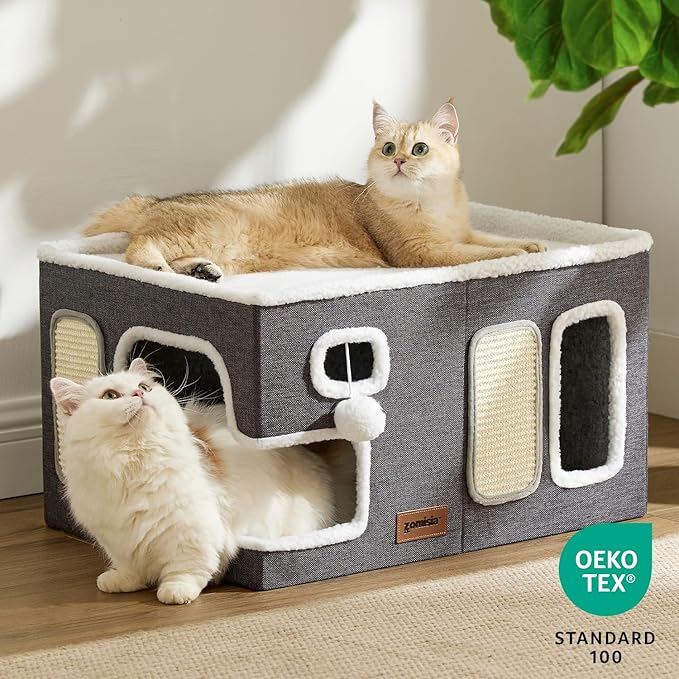 Extra-Wide Cat House for Indoor Cats - Large Cat House for Pet with Fluffy Ball Hanging and Scratch Pad, Foldable Cat Hideaway for Multi Cats, 23x16.5x13 inches, Green