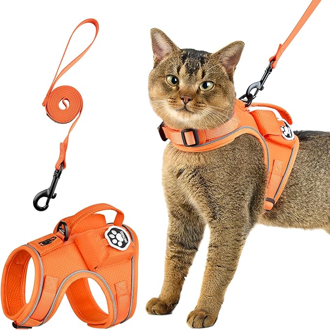 OneTigris Cat Harness and Leash - Escape Proof Soft Adjustable Kitten Harness, Breathable, Comfortable, Durable Water-Resistant Tactical Vest with Reflective Strips and Pocket for Cat Tracker