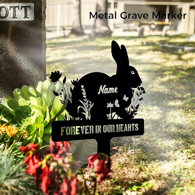 Personalized Rabbit Memorial Stakes – Metal Grave Markers for Rabbits, Sympathy Garden Decor Sign, Remembrance Flower Plaque, Pet Loss Gifts, Customized Rabbit Tombstone with Name