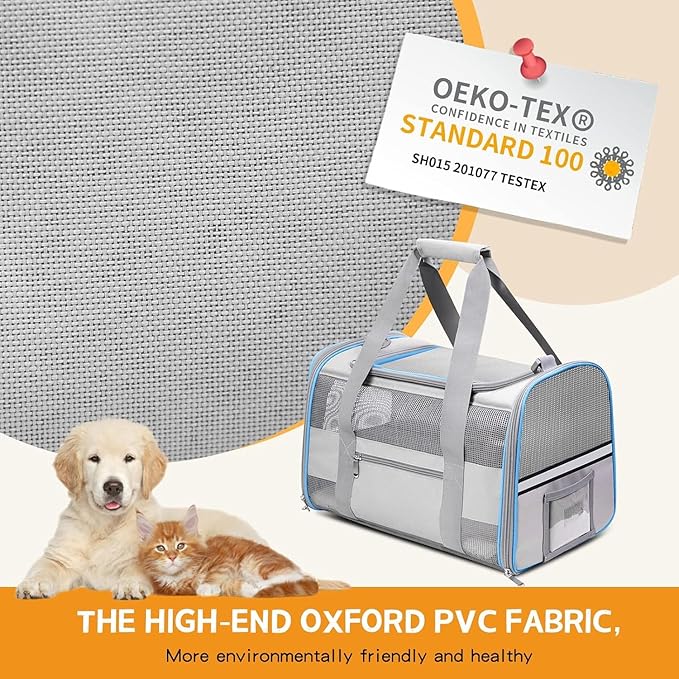 Soft-Sided Cat Carrier for Pets Up to 15lbs, Airline Approved Under-Seat Travel Carrier, 17x12x11 Inch, TSA Approved with Collapsible Bowl, Breathable Mesh & Removable Pad, Lightgrey