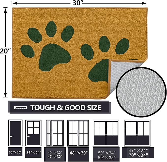 Buganda Dog Door Mat for Muddy Paws, Absorbent Dirt Trapper Washable Indoor Doormats, Non Slip Low-Profile Mud Mat for Dogs, Front Entrance Doormat for Inside Floor (36x24 Inches, Yellow and Green)