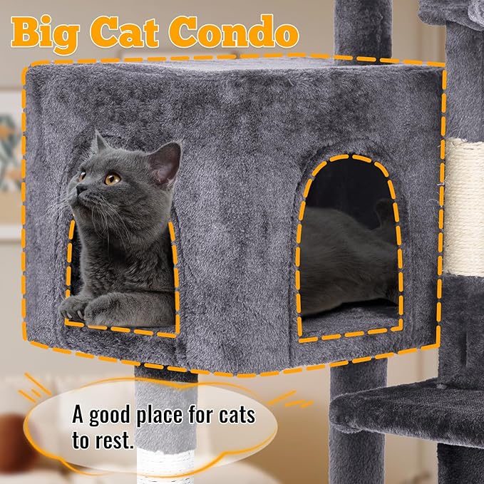 FDW | 37.8" Cat Tree Tower | Light Gray | Multi-Level Indoor Activity Center with Sisal Scratching Posts, Condos, Plush Perches, Hanging Cat Toys | Sturdy, Easy to Assemble | for Kittens & Adult Cats