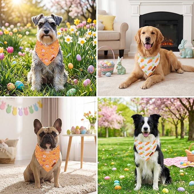 PTDECOR Easter Dog Bandana 2 Pack, Reversible Rabbit Carrot Dog Scarf, Multi Size Offered, Yellow White Easter Bandanas for Extra Large Dogs (X-Large)