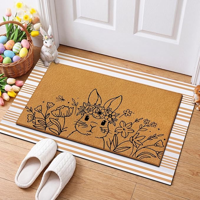 Tinideya 2 Pcs Easter Day Door Mat Welcome Outdoor Non Slip Coir Mats Flower and Bunny Floor Layering Doormats Seasonal for Front Porch Entryway Decor (Easter Bunny)